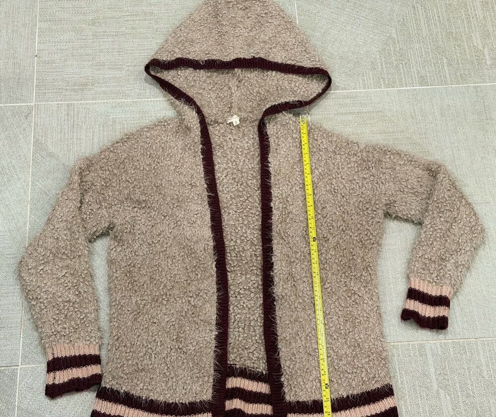 Hem & Thread Women's Beige and Maroon Striped Fuzzy Hooded Cardigan